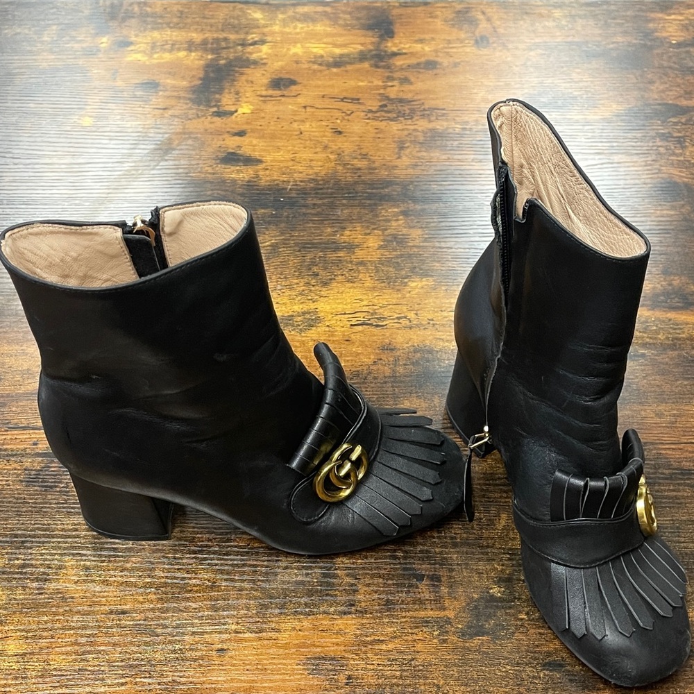 Gucci Black Leather Fringe Heeled Boots